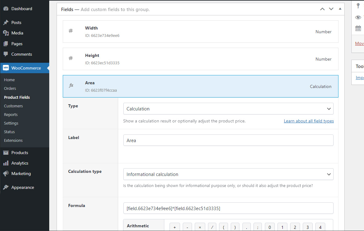 Calculation of area with Advanced Products Field