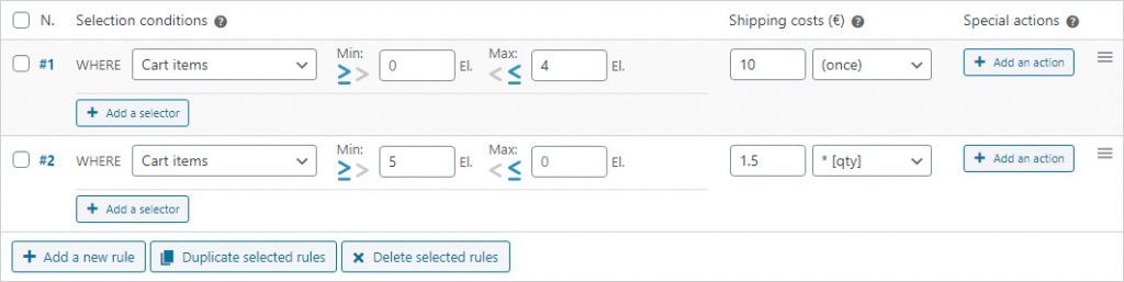 Comparisor operators on shipping rules