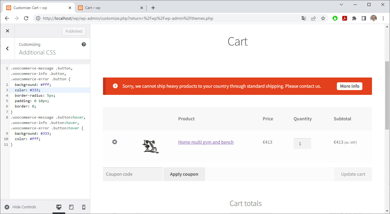 Cart notices with button customised