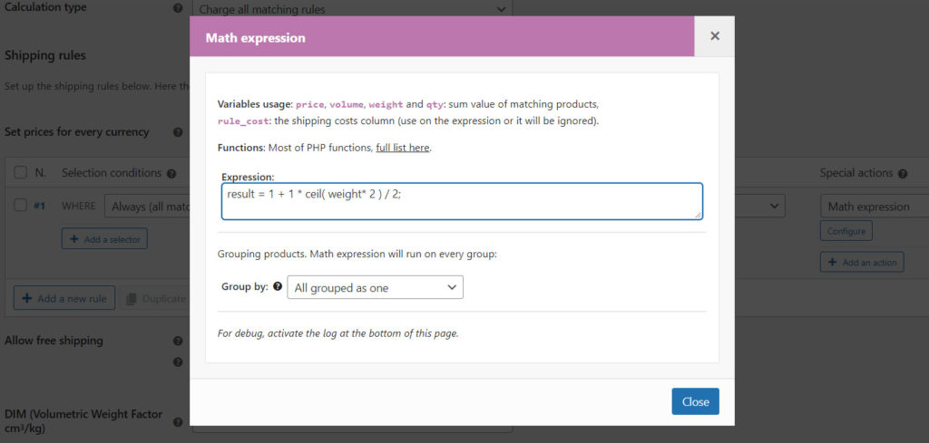 Math expressions: round up every half kilo of weight