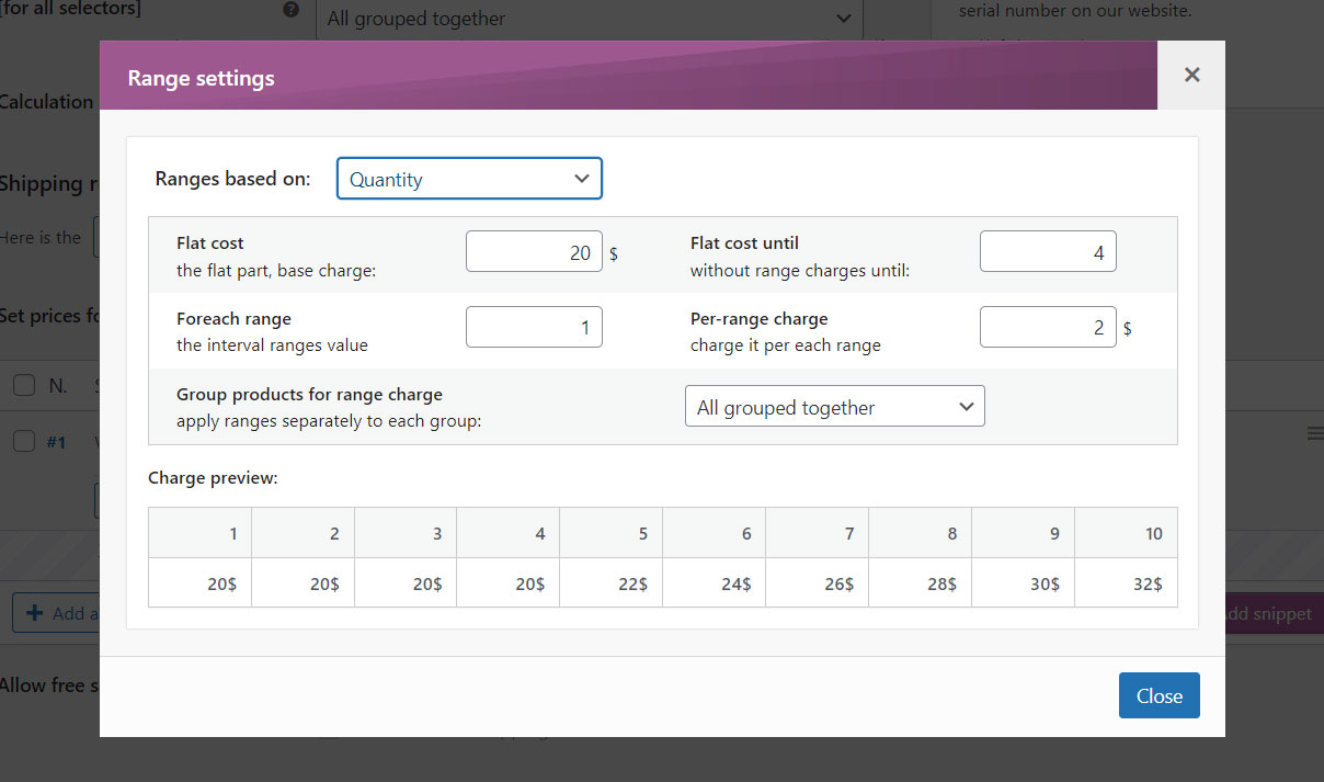 Settings for the shipping cost per product quantity table