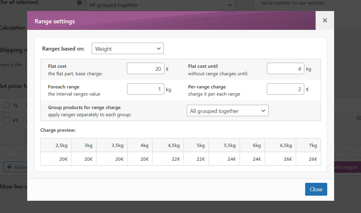 Settings for the shipping rates by weight chart