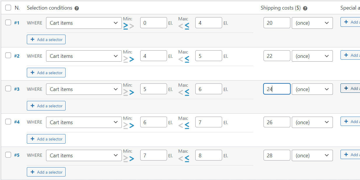 Rules for the product quantity ranges. Every rule matches a single product quantity table cell