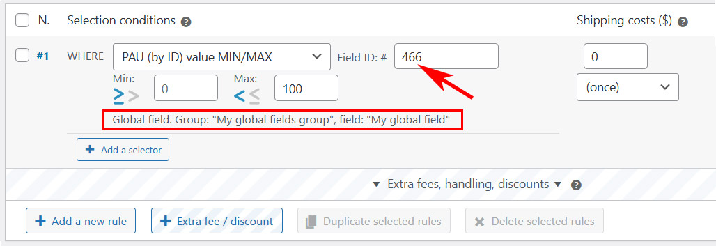 Setting the field ID into the shipping rule. A contextual info appears