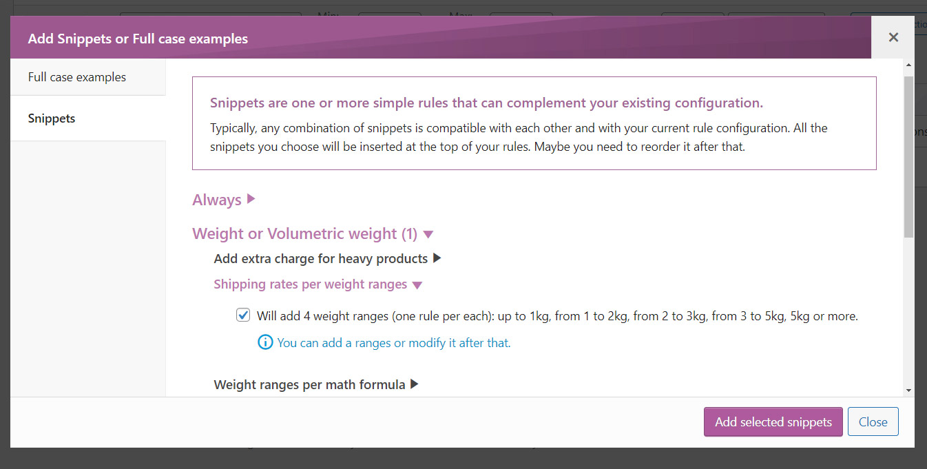 Using a snippet to quickly add a weight ranges for the free version