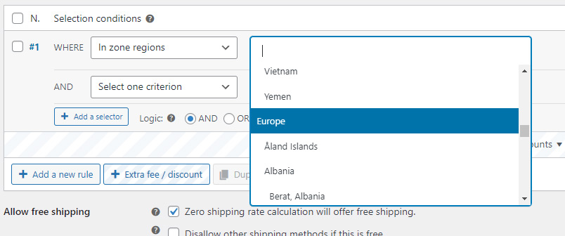 Selectors for Shipping rates by zone regions on WooCommerce