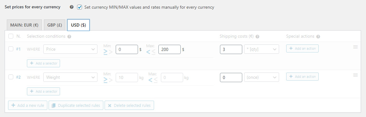 Setting the shipping rates manually for dolars