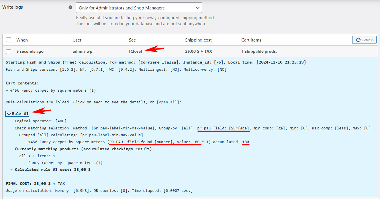 The shipping rate calculation log, using the custom fields values